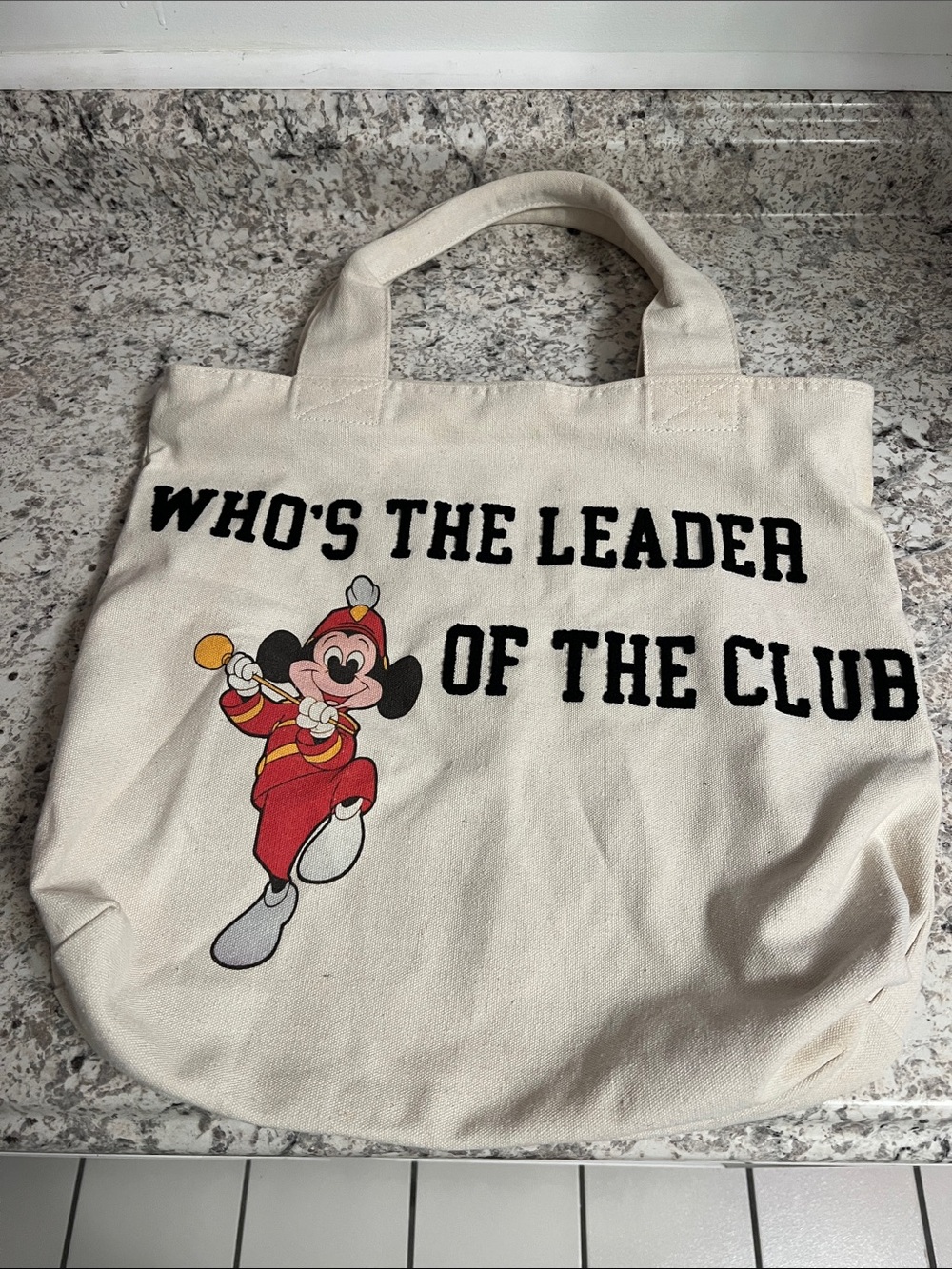 Disney Cream Canvas Tote with Red Mickey Marching Band Graphic